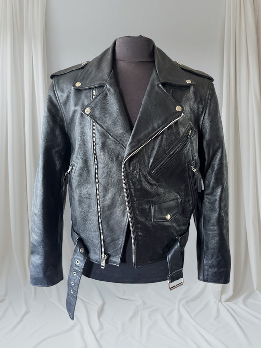 Men's Vintage Black Leather Motorcycle Jacket, M 40