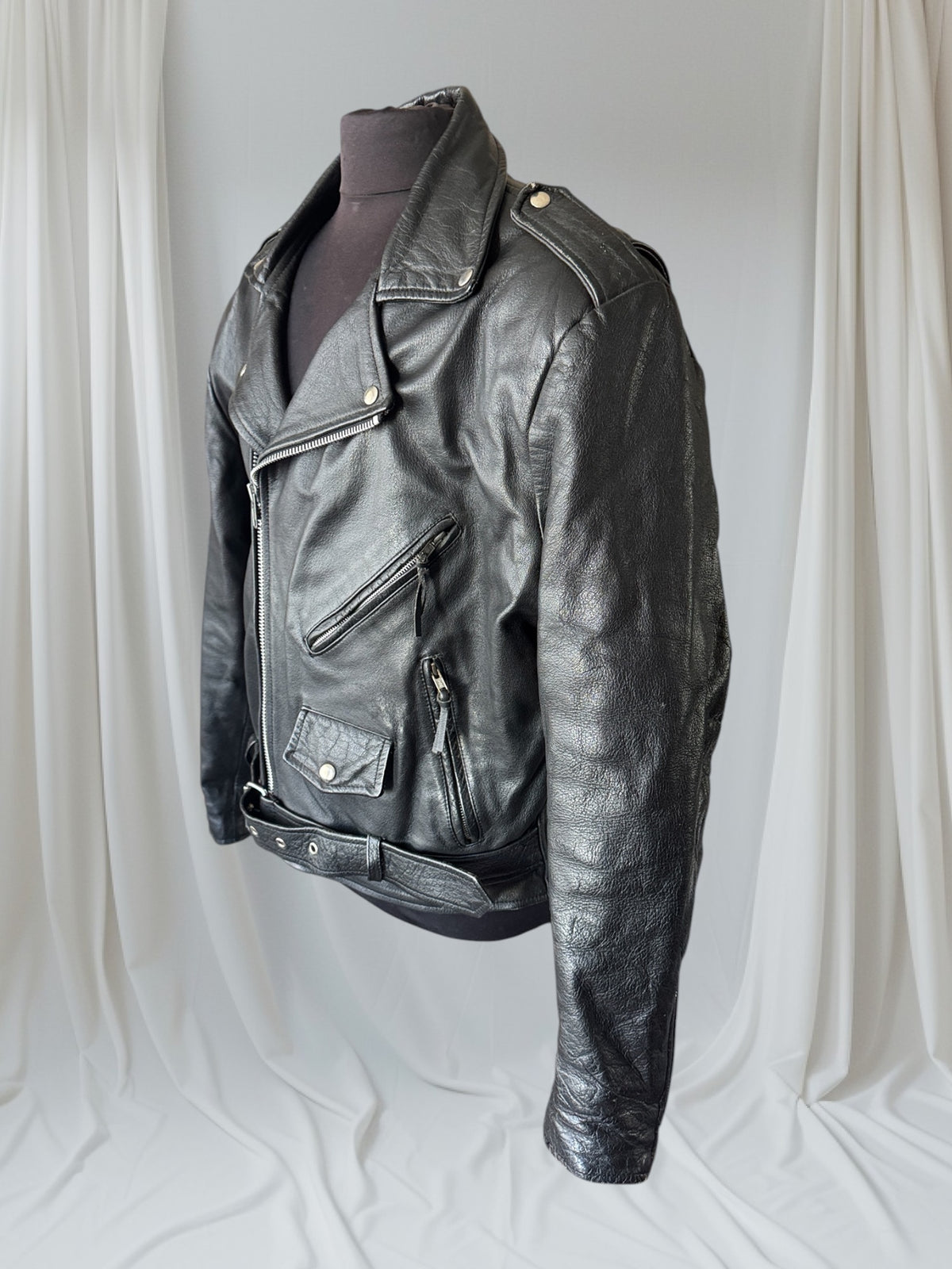Men's Vintage Black Leather Motorcycle Jacket, XL 48