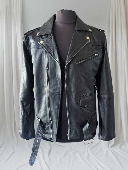Men's Vintage Black Leather Motorcycle Jacket, M 42 (Slim)