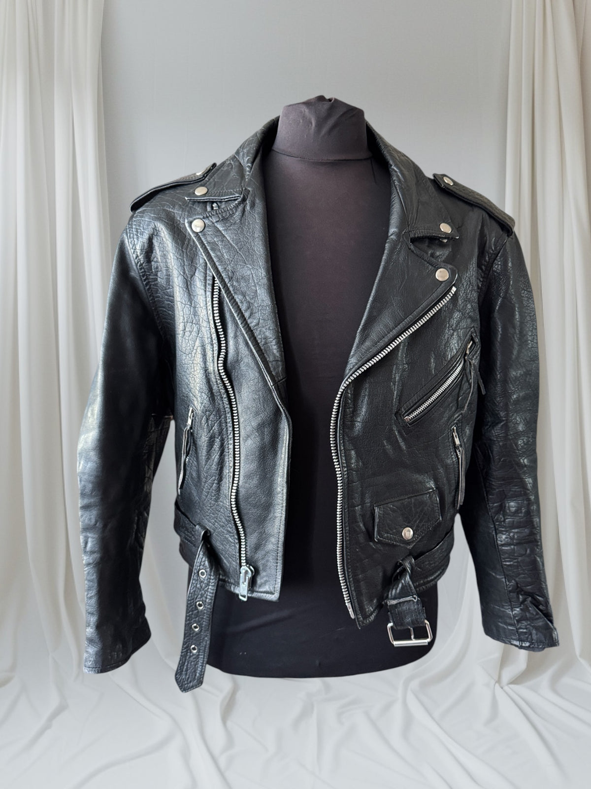 Men's Vintage 1980's Black Leather Motorcycle Jacket, L /40 (Copy)