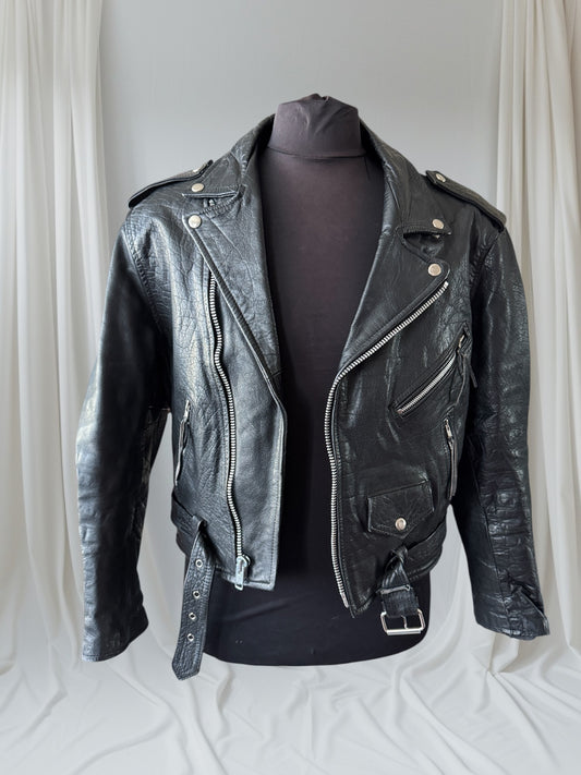Men's Vintage 1980's Black Leather Motorcycle Jacket, L /40 (Copy)