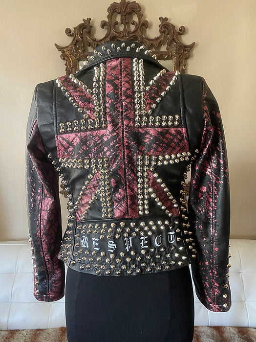 Custom Order Black & Red Distressed Union Jack Respect Sheep Leather Jacket S-3XL