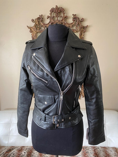 Women's Lambskin Lightweight Leather Biker with Epaulettes & Belt, XS-4XL