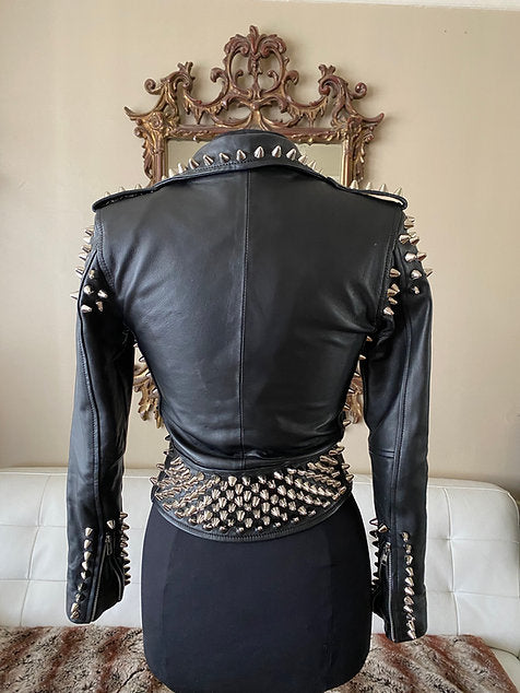 Women's Lambskin Lightweight Leather Biker with Epaulettes & Belt, XS-4XL