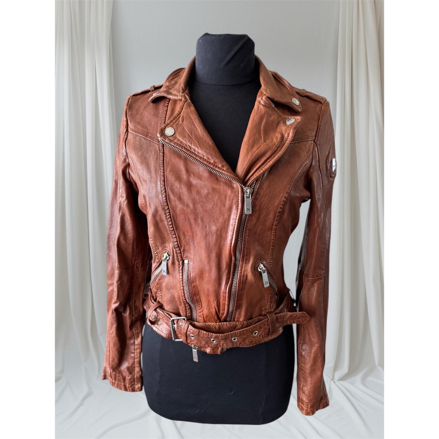 Women's Brown Leather Motorcycle Jacket, X-Small