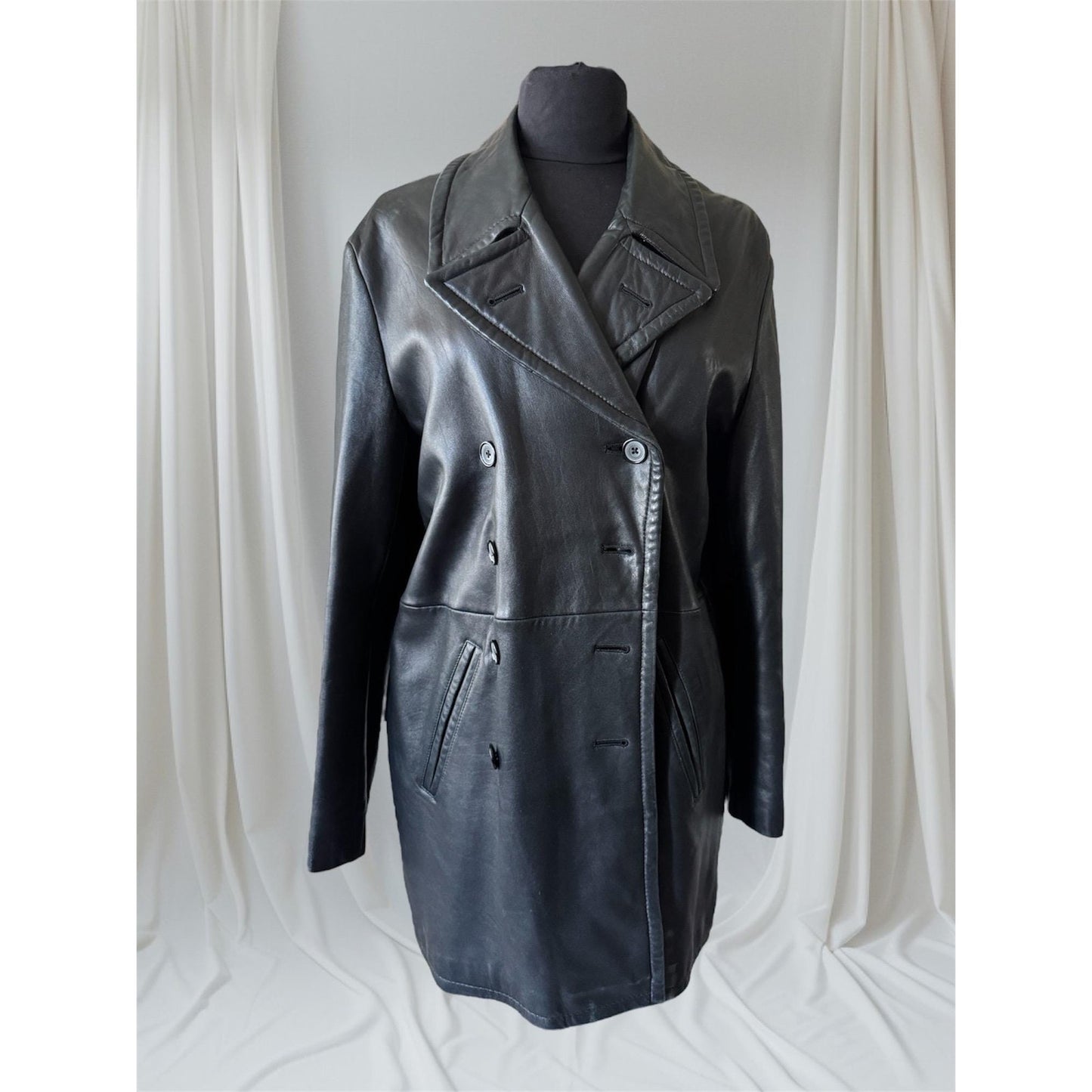 Black Leather Women's Trench, Size L