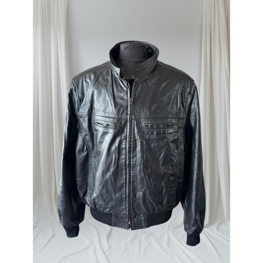 Vintage Men's Black Leather Bomber Jacket, Large, 50