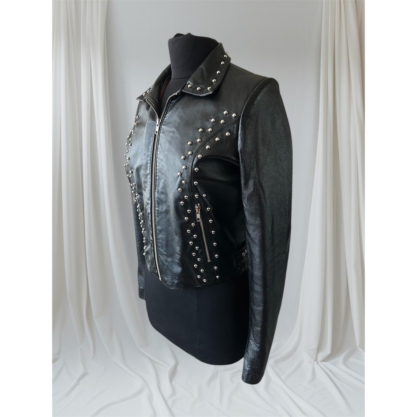 Women's Studded Leather Motorcycle Jacket, M