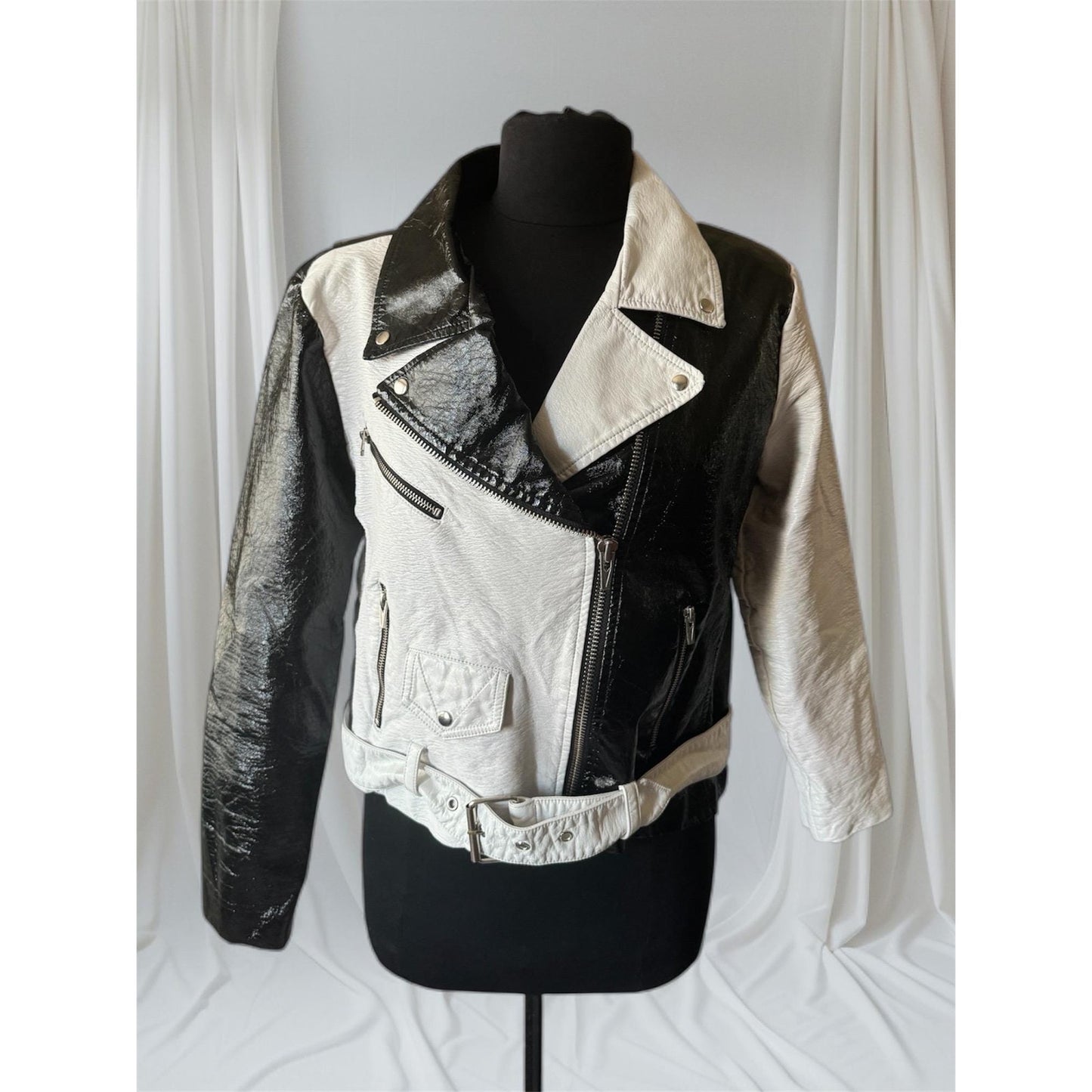 Women's Black and White Faux Patent Leather Jacket, Large
