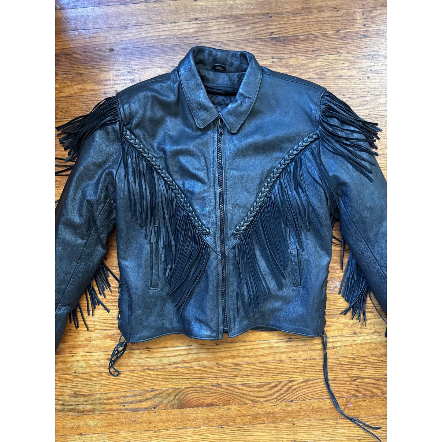 Black Leather Women's Fringe Mororcycle Jacket, Size XL