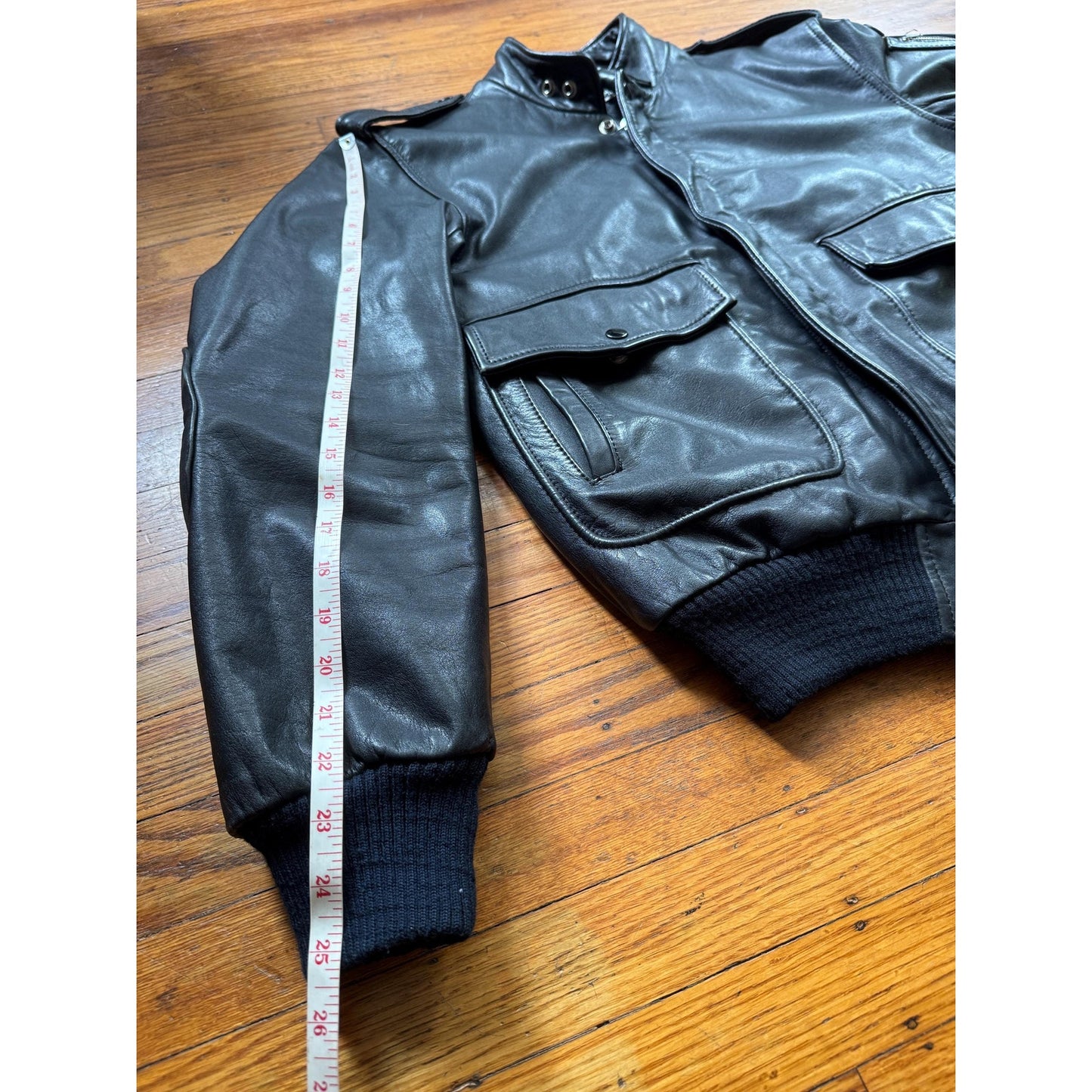 Men's Black Leather Bomber Jacket, Medium 38