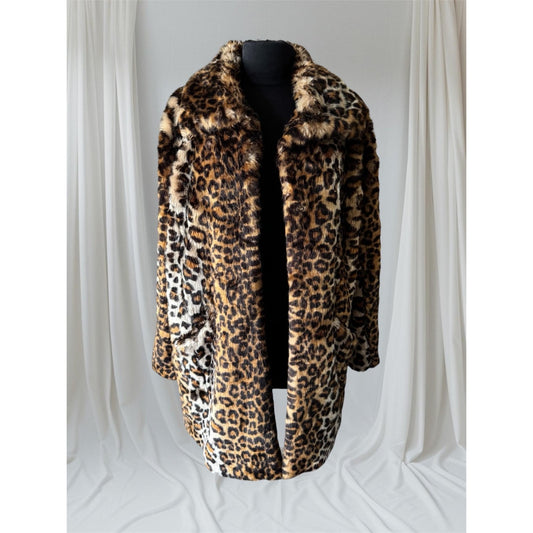 Leopard Print Faux Fur Coat, L