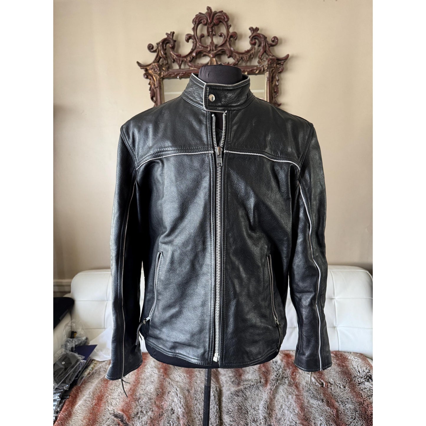 Men's Black Leather Cafe Racer Jacket, XL