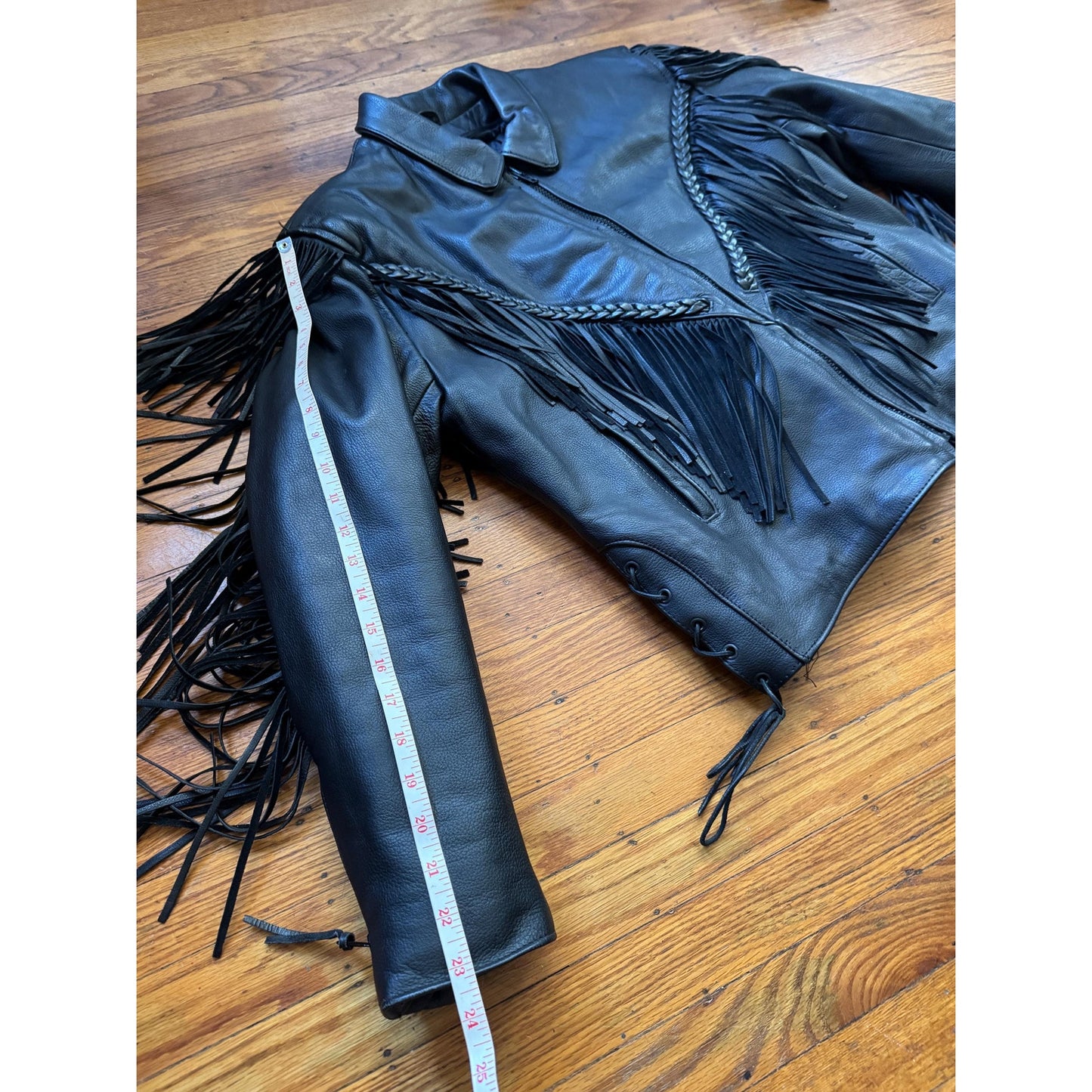 Black Leather Women's Fringe Mororcycle Jacket, Size XL