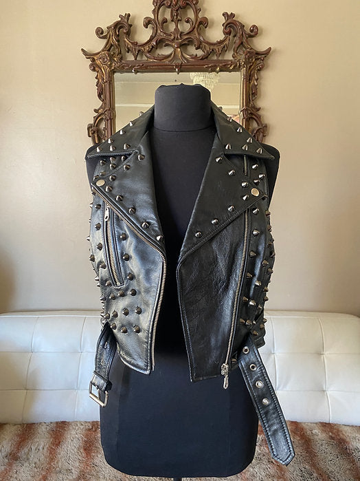 Black Spiked Studded Leather Punk Vest, M