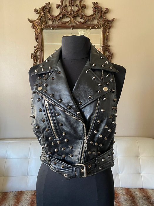 Black Spiked Studded Leather Punk Vest