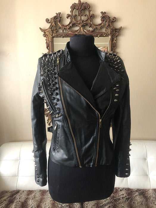 Black Spiked Black Womens Leather Moto Jacket, Upcycled, Size 4-6P