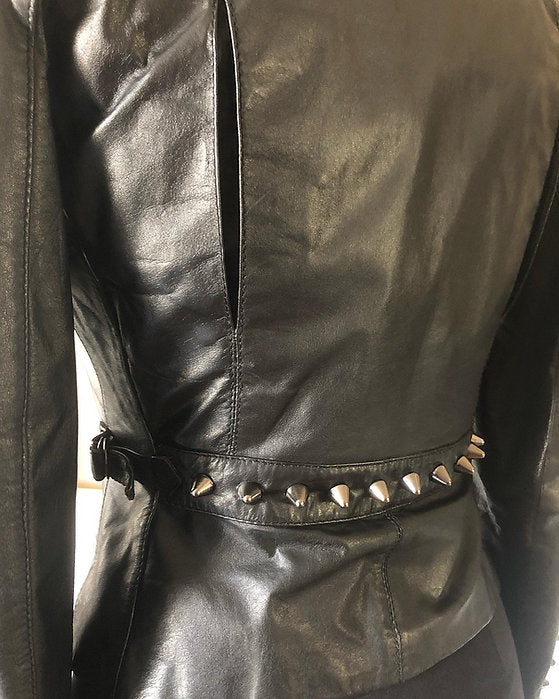 Black Spiked Black Womens Leather Moto Jacket, Upcycled, Size 4-6P