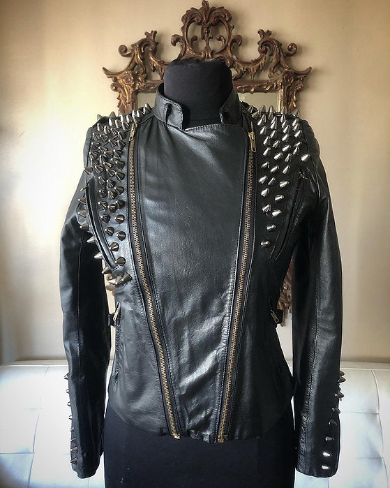 Black Spiked Black Womens Leather Moto Jacket, Upcycled, Size 4-6P