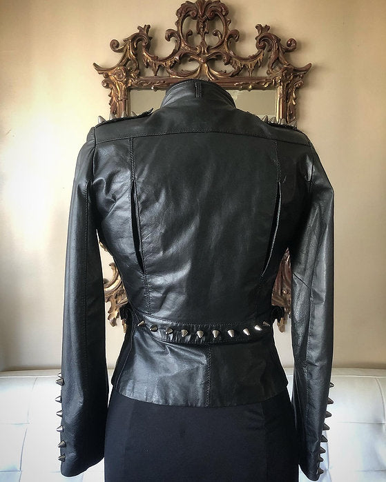 Black Spiked Black Womens Leather Moto Jacket, Upcycled, Size 4-6P