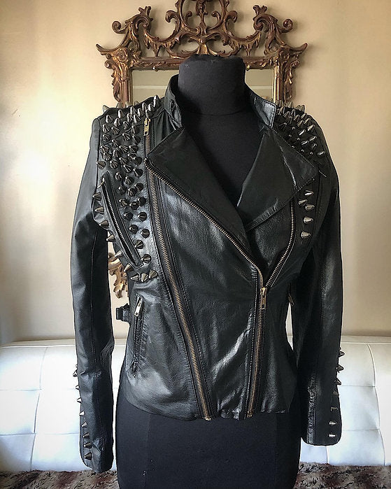 Black Spiked Black Womens Leather Moto Jacket, Upcycled, Size 4-6P