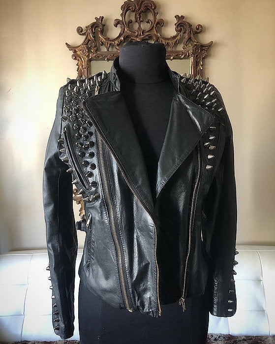 Black Spiked Black Womens Leather Moto Jacket, Upcycled, Size 4-6P