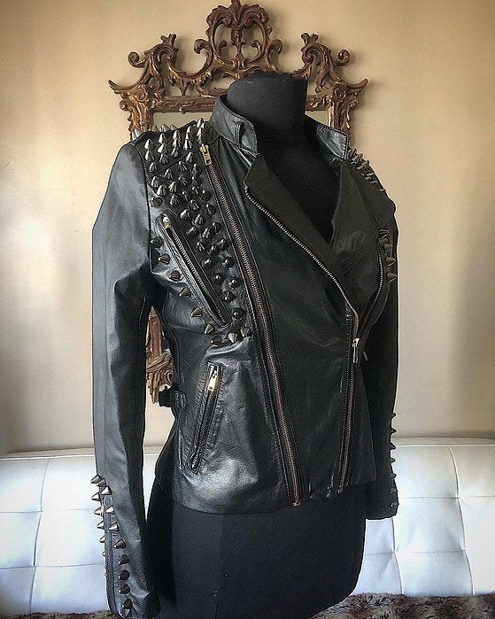 Black Spiked Black Womens Leather Moto Jacket, Upcycled, Size 4-6P