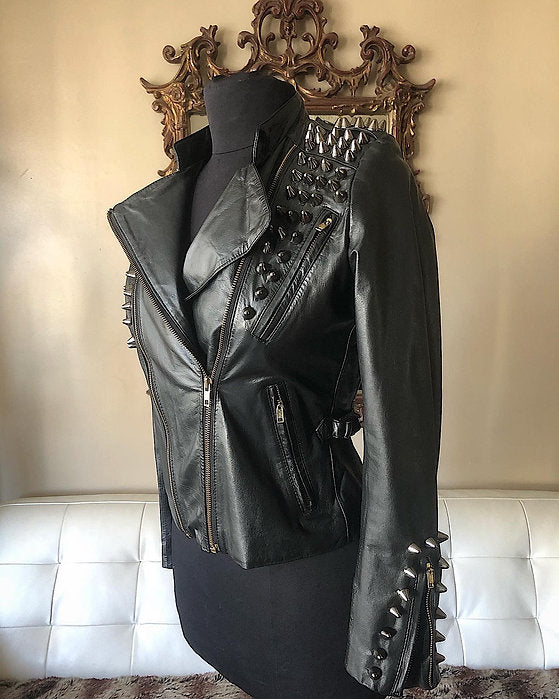 Black Spiked Black Womens Leather Moto Jacket, Upcycled, Size 4-6P