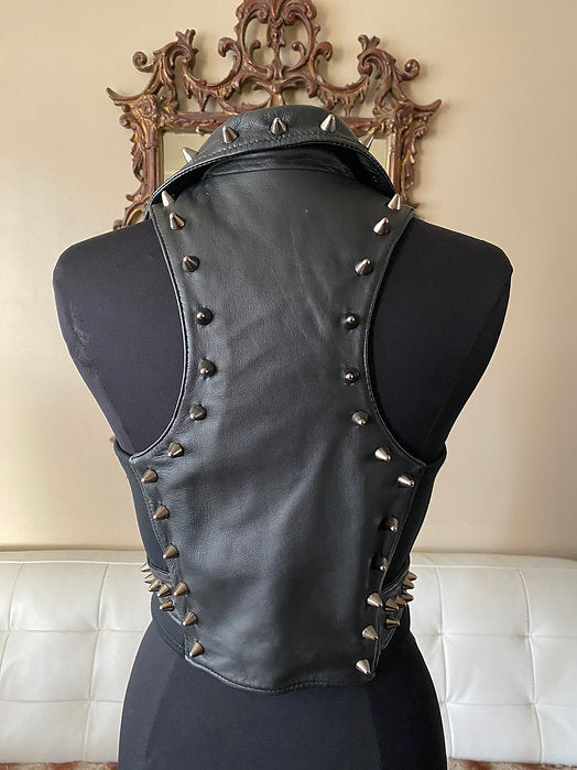 Black Spiked Studded Womens Leather Punk Vest,