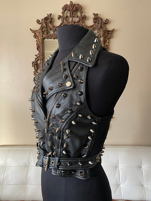 Black Spiked Studded Womens Leather Punk Vest,