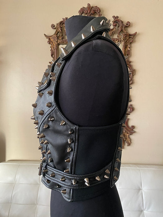 Black Spiked Studded Womens Leather Punk Vest,