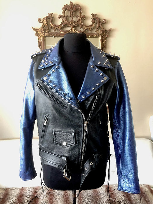 Metallic Blue Studded Cow Leather Motorcycle Jacket, New, Size M