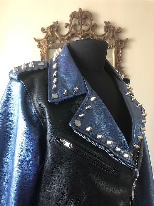 Metallic Blue Studded Cow Leather Motorcycle Jacket, New, Size M