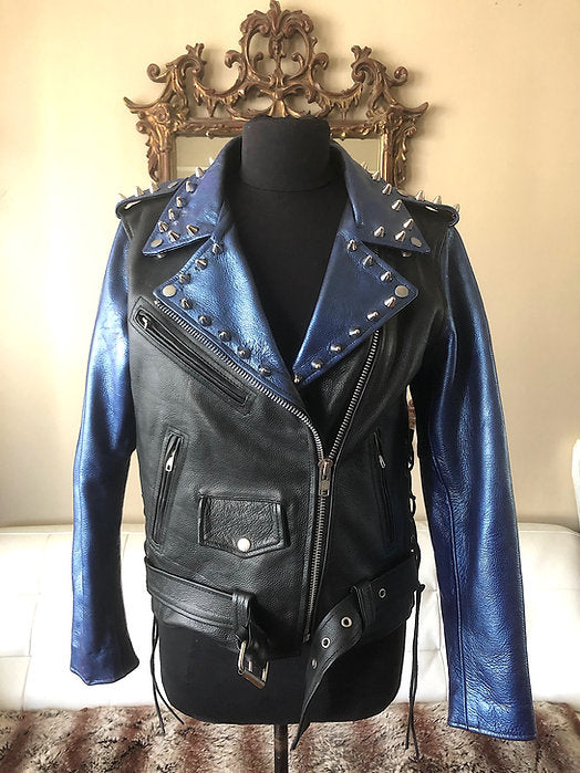 Metallic Blue Studded Cow Leather Motorcycle Jacket, New, Size M