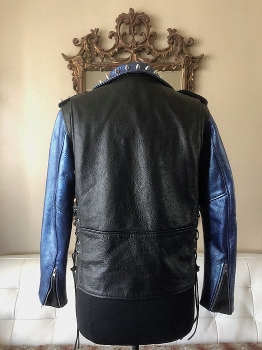 Metallic Blue Studded Cow Leather Motorcycle Jacket, New, Size M