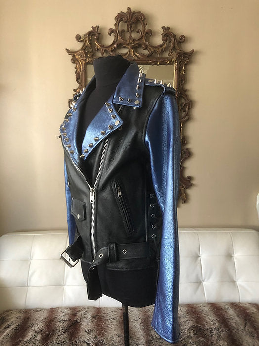 Metallic Blue Studded Cow Leather Motorcycle Jacket, New, Size M