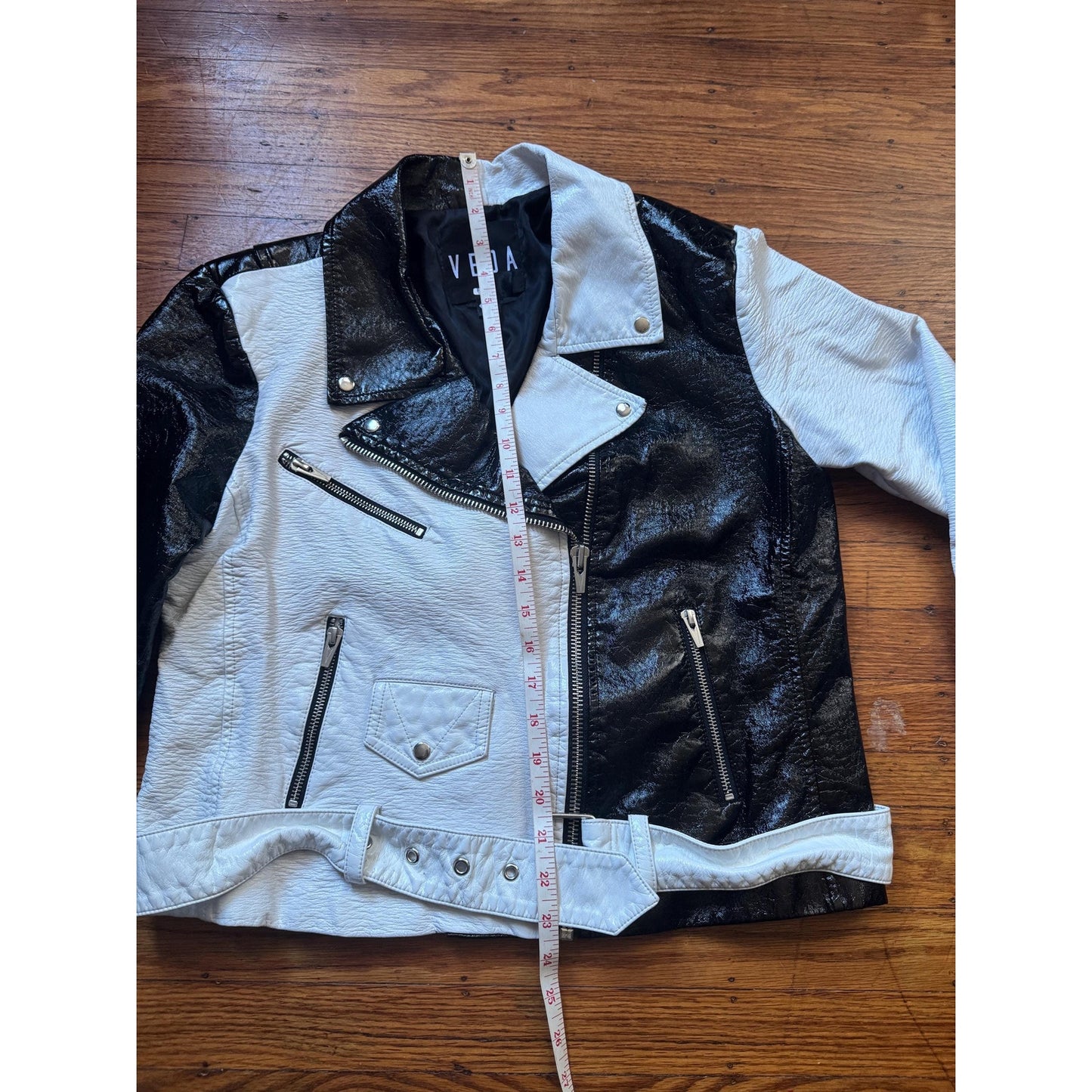 Women's Black and White Faux Patent Leather Jacket, Large