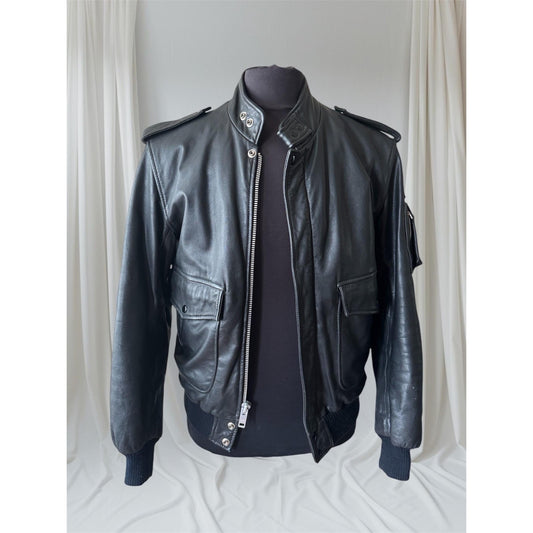 Men's Black Leather Bomber Jacket, Medium 38