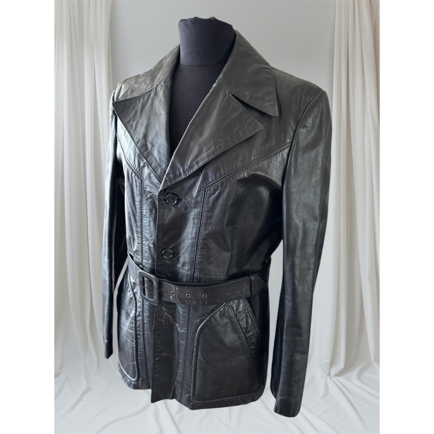 Black Leather Vintage 1970's Women's Trench, Size M