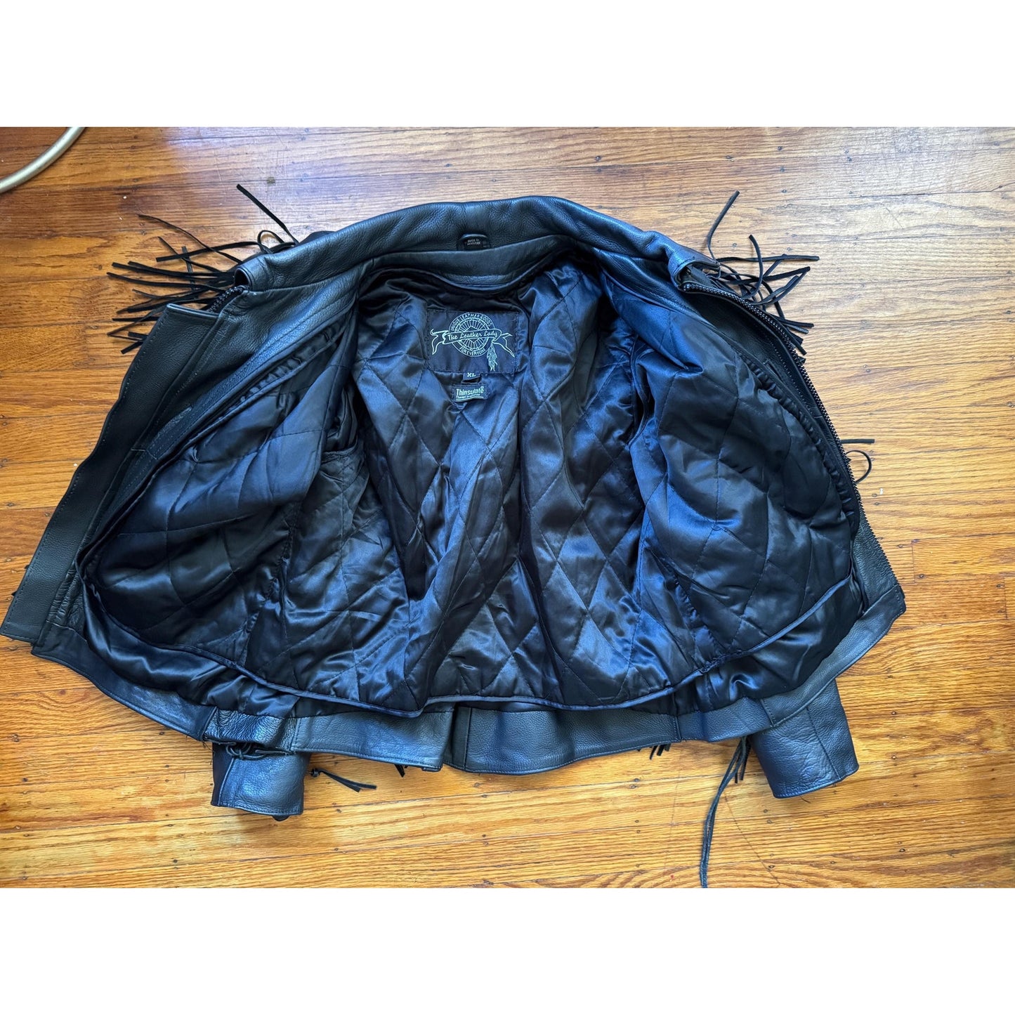 Black Leather Women's Fringe Mororcycle Jacket, Size XL