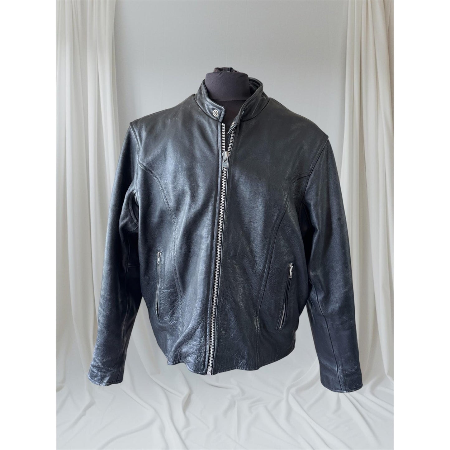 Men's Vintage Black Leather Motorcycle Jacket, 48/ XL