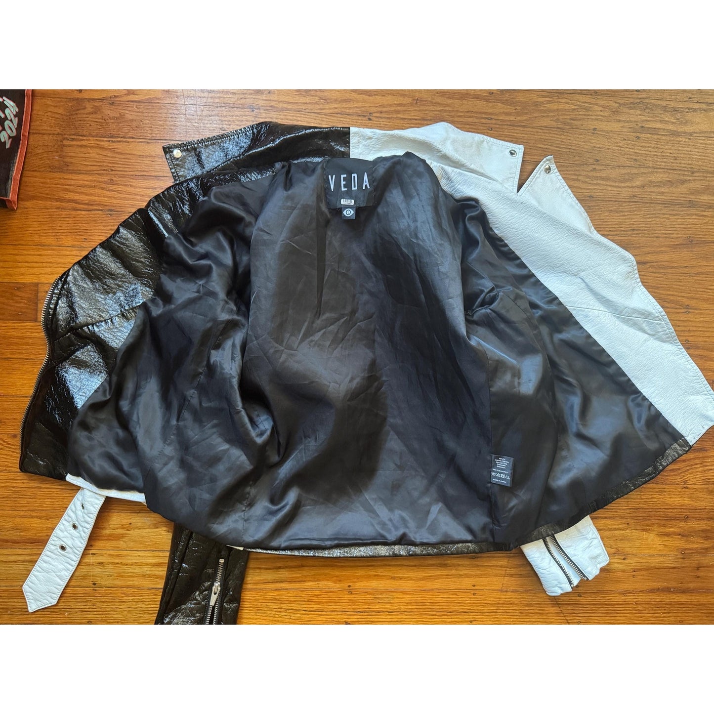 Women's Black and White Faux Patent Leather Jacket, Large