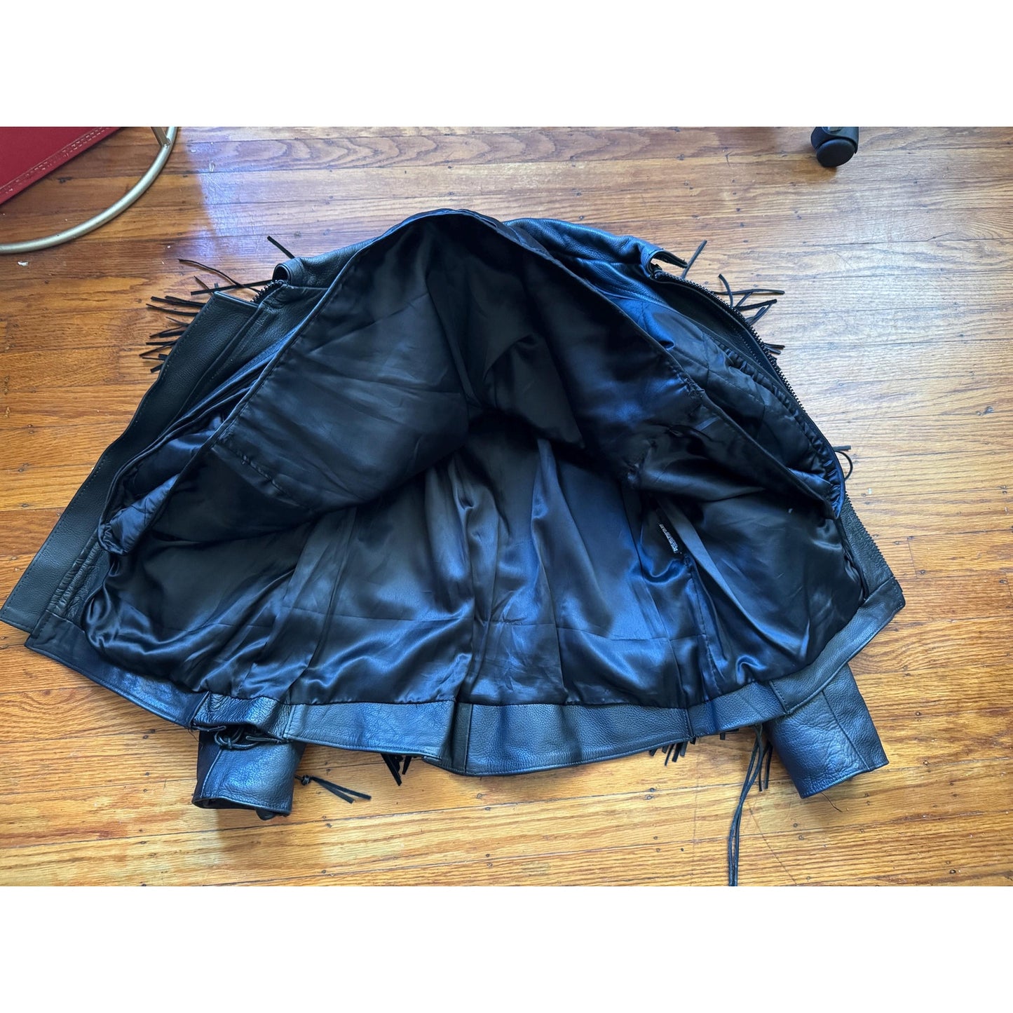 Black Leather Women's Fringe Mororcycle Jacket, Size XL