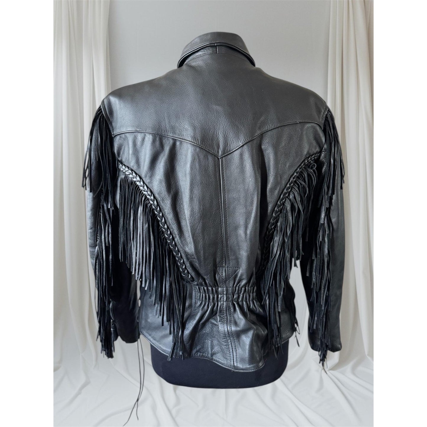 Black Leather Women's Fringe Mororcycle Jacket, Size XL