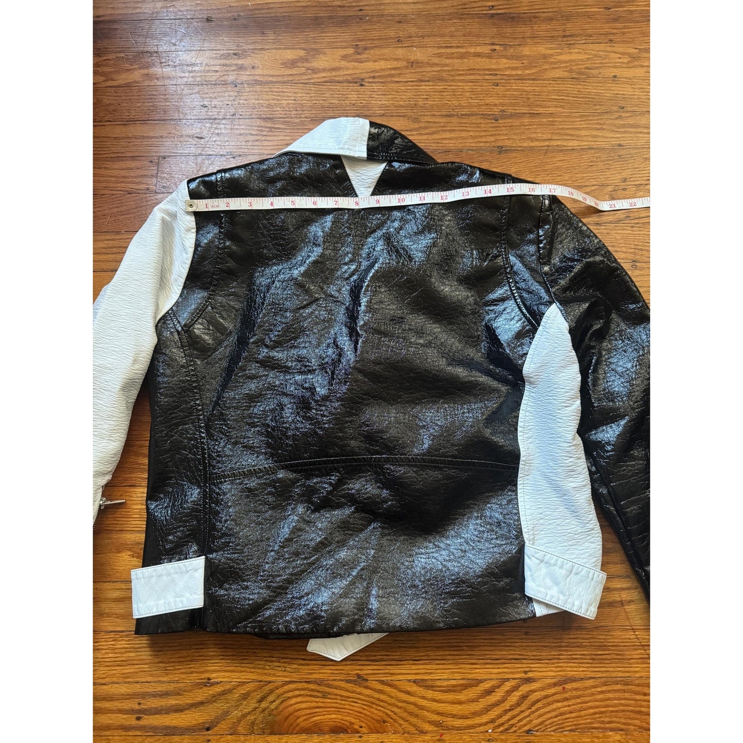 Women's Black and White Faux Patent Leather Jacket, Large