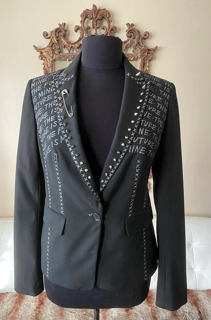 womens punk suit jacket with spike lapels and safety pin