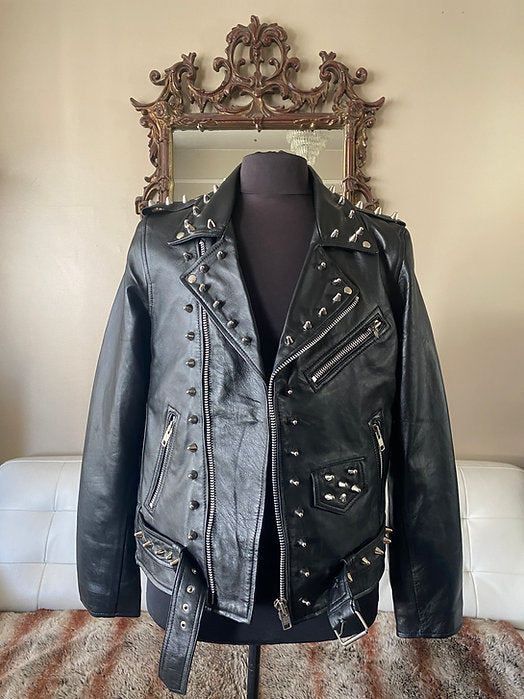 Mens Lambskin Leather Motorcycle Jacket w Silver Studs