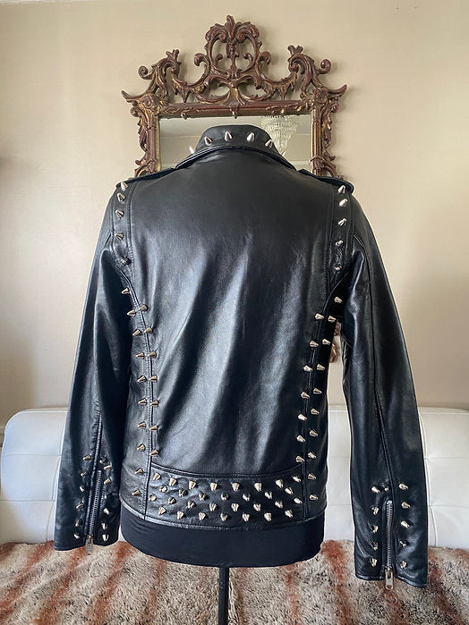 Mens Lambskin Leather Motorcycle Jacket w Silver Studs