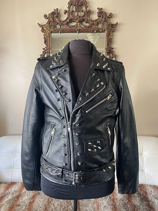 Mens Lambskin Leather Motorcycle Jacket w Silver Studs