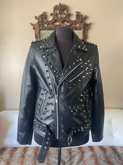 High Quality Mens Lambskin Leather Motorcycle Jacket w Black Studs, L